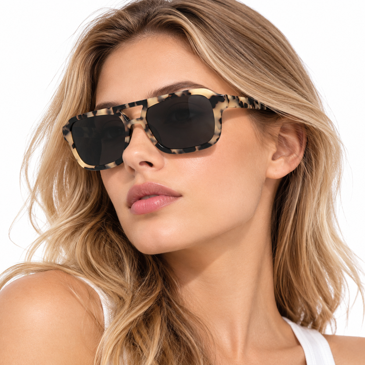 Tortoise acetate square sunglasses with a double bridge and dark tinted lenses