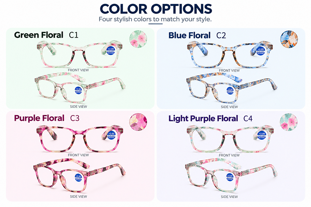 Floral Square Blue Light Blocking Reading Glasses