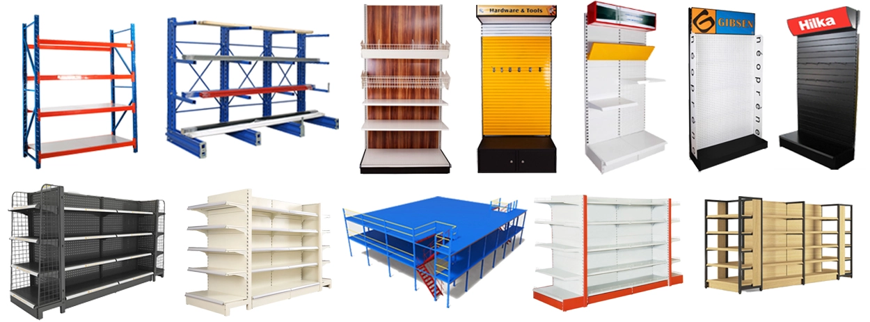 Original HEDA SHELVES product range photograph showing pallet racks, cantilever racks, supermarket gondola shelves, wooden and steel retail fixtures, tool display stands and mezzanine racking