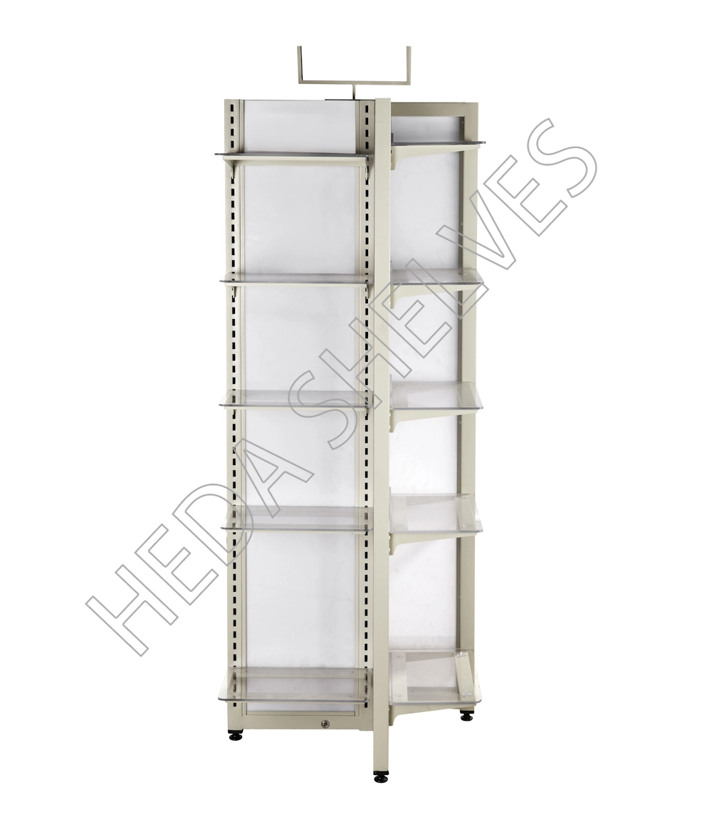 High-resolution original HEDA No.00195 product image showing a detailed side view of clear acrylic shelves, slotted cream steel uprights, central display panels, top sign holder and black floor support feet