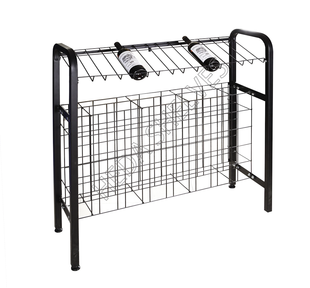 Original HEDA No.00189 black metal wine retail display fixture from an angled view, with a single upper horizontal wine bottle wire rack, two sample bottles, deep partitioned lower wire basket and black rounded tubular support legs