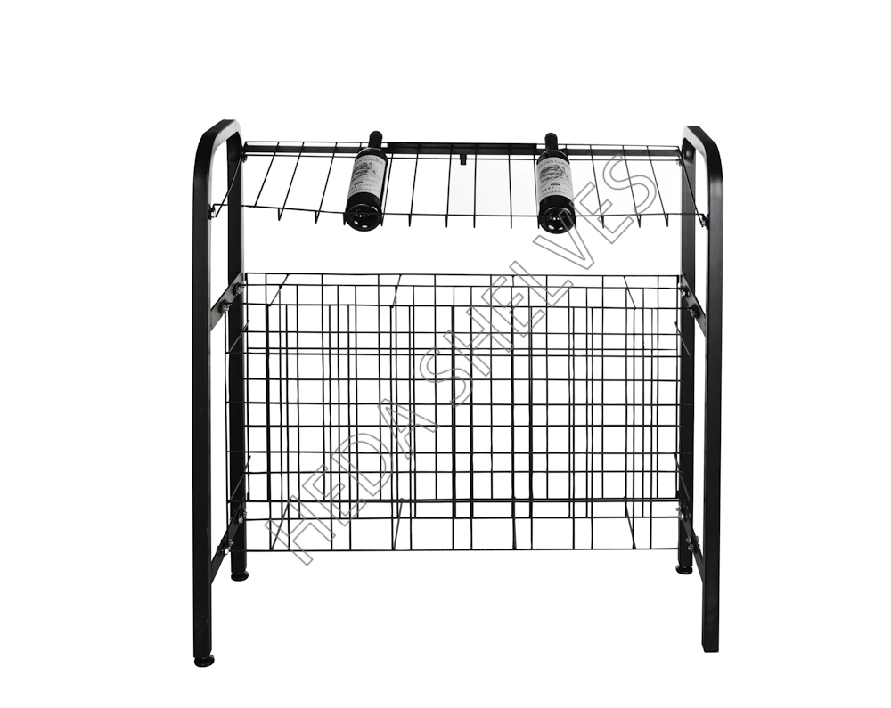 Original high-resolution HEDA No.00189 front factory photograph showing a black wine display fixture with rounded U-shaped steel side legs, top horizontal bottle-supporting wires, two sample wine bottles and a deep lower wire basket separated by internal vertical dividers