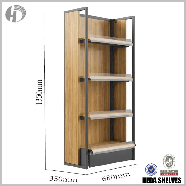 Original HEDA No.00211 single-sided steel wooden display shelving dimensional image showing 1350 mm height, 680 mm front width and 350 mm depth, oak-grain back and side panels, open rectangular steel side framing, gray shelf brackets and silver front rails