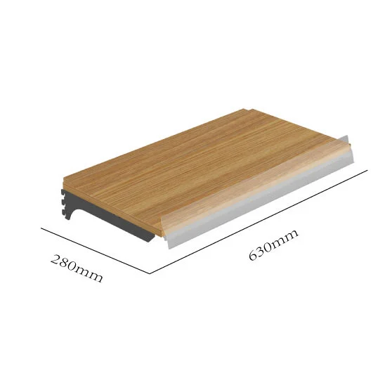 Original HEDA No.00211 wood-grain gondola shelf component drawing showing 630 mm width, 280 mm shelf depth, silver-colored front edge and a dark-gray formed metal support bracket with mounting hooks