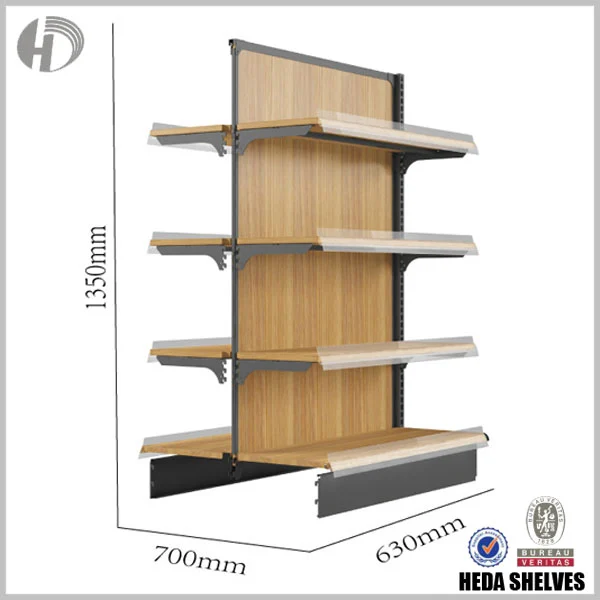 Original HEDA No.00211 double-sided steel wooden gondola dimensional image showing 1350 mm height, 630 mm front width, 700 mm overall depth, light wood-grain central backing, shelves on opposing sides and dark-gray metal brackets and base panels