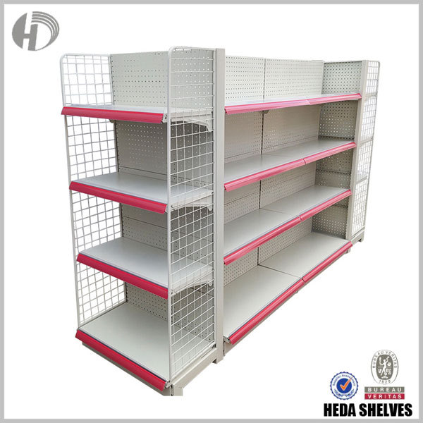 Red and White Gondola Shelves in Retail Store