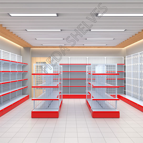 Red and White Gondola Shelves in Retail Store