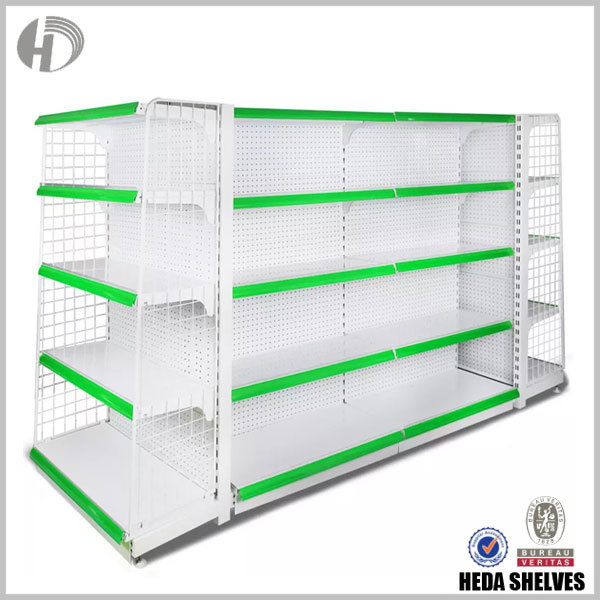 Green Supermarket Pegboard Gondola Shelves with Mesh