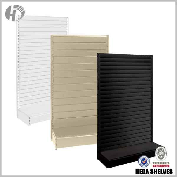 Original HEDA single-sided slatwall metal gondola shelving shown in white beige and black finishes with horizontal groove back panels