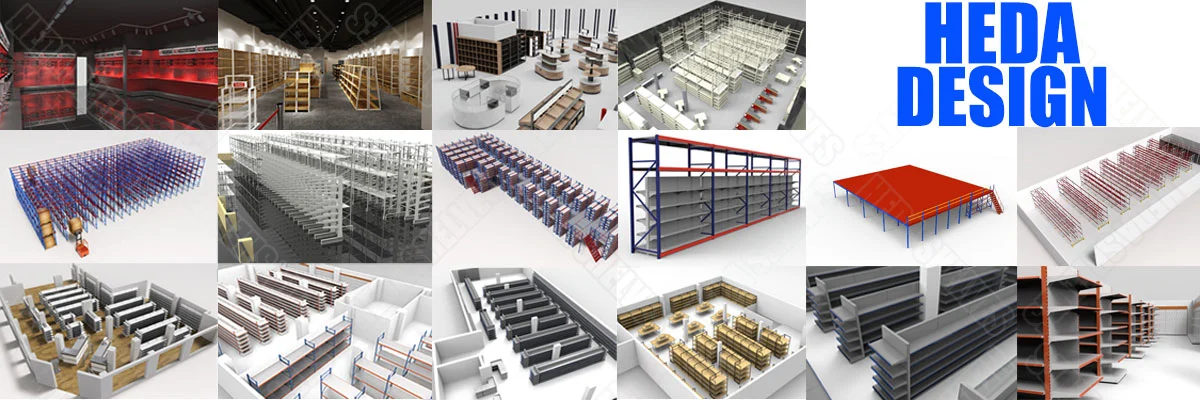 Original HEDA SHELVES CAD planning and three-dimensional design examples for storage and shelving projects