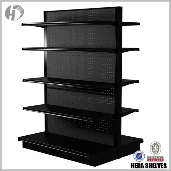 Original HEDA black Lozier-style gondola shelving with double-sided metal shelves and dark perforated backing