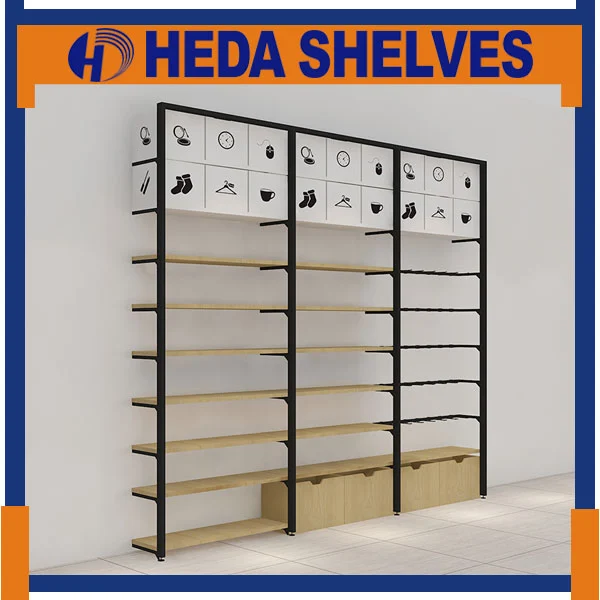 Original HEDA metal and wood wall shelving fixture featuring black frame, wood-tone shelves and lower display cabinets