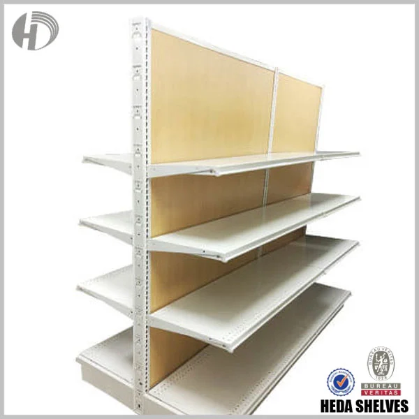 Original HEDA American-style double-sided gondola with wood-effect back panels and white metal shelving