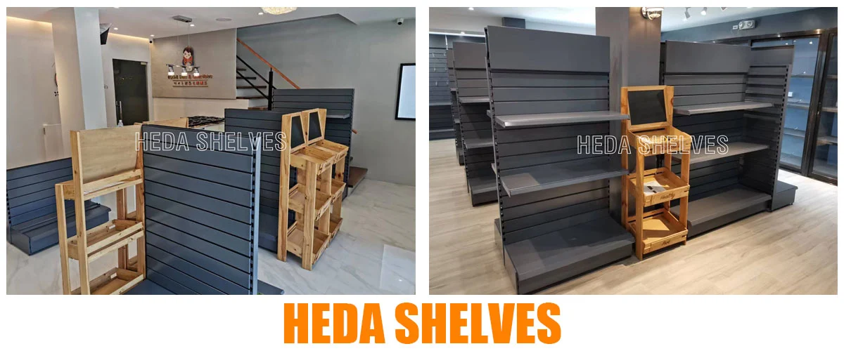 HEDA SHELVES completed Philippines retail store project using grey double-sided slatwall gondola shelving
