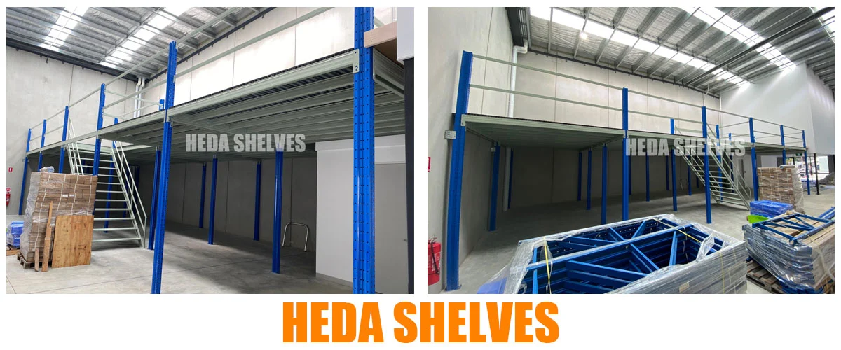 Actual HEDA SHELVES mezzanine warehouse platform with blue structural columns, metal floor decking and access stairs in Australia