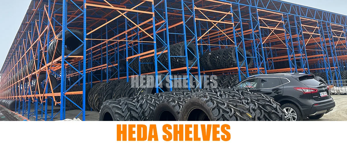 Actual HEDA SHELVES heavy-duty tire storage racking system installed in Bulgaria with blue steel frames and orange beams