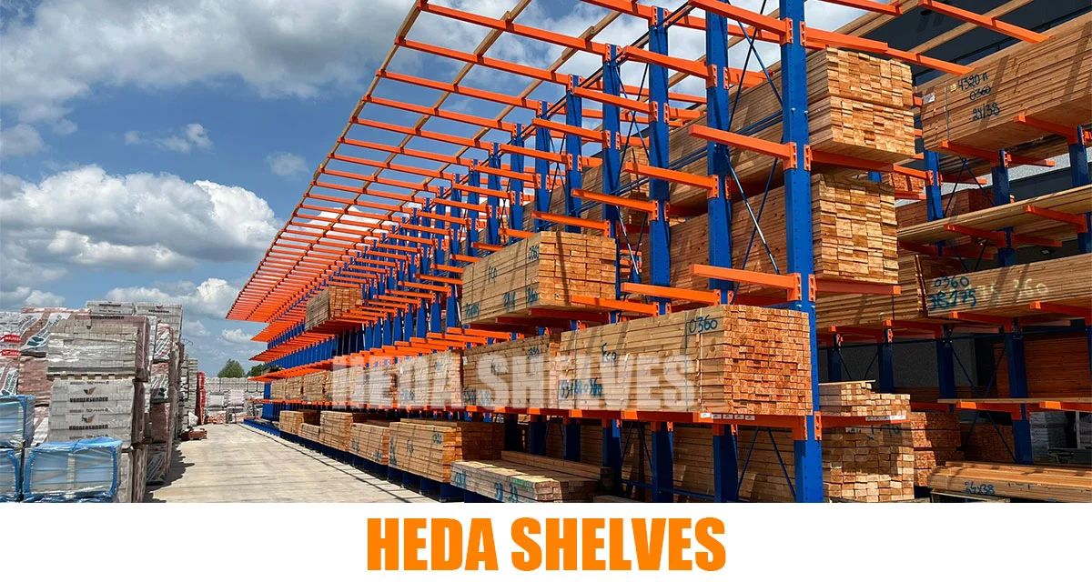 Actual HEDA SHELVES heavy-duty cantilever racking installation in Belgium storing timber and long construction materials