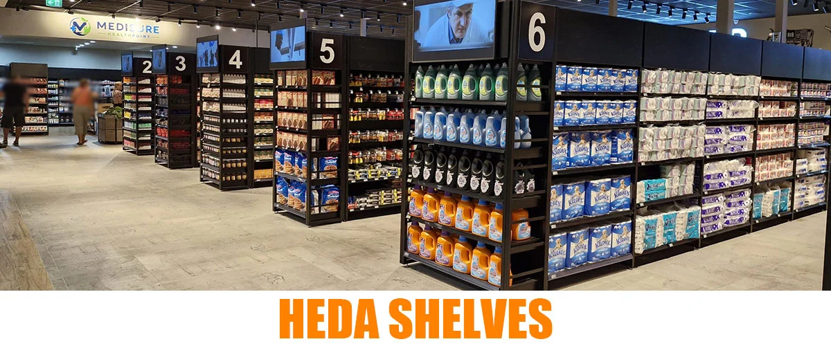 Actual HEDA SHELVES Fiji supermarket project featuring black gondola shelving with multiple product displays and numbered aisles