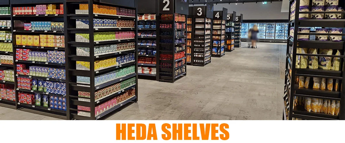 HEDA SHELVES real Fiji supermarket case displaying multiple rows of black double-sided gondola shelving in completed store aisles