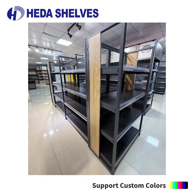 Gondola Shelving with Wood Panel and Mesh Back