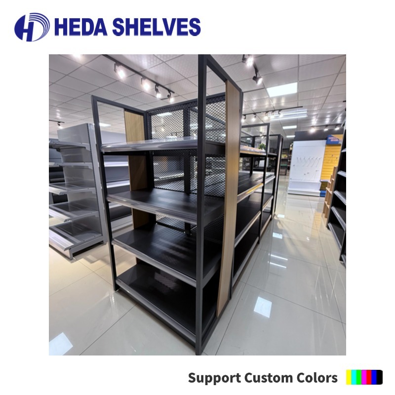 Gondola Shelving with Wood Panel and Mesh Back