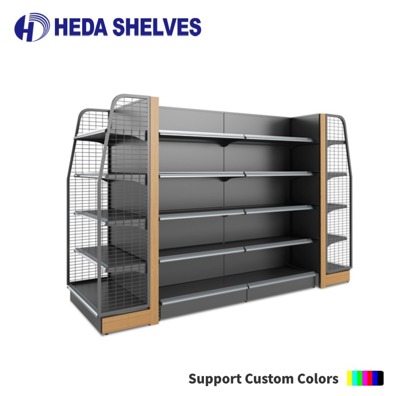 Modern Supermarket Display Gondola with Wire Side Panels