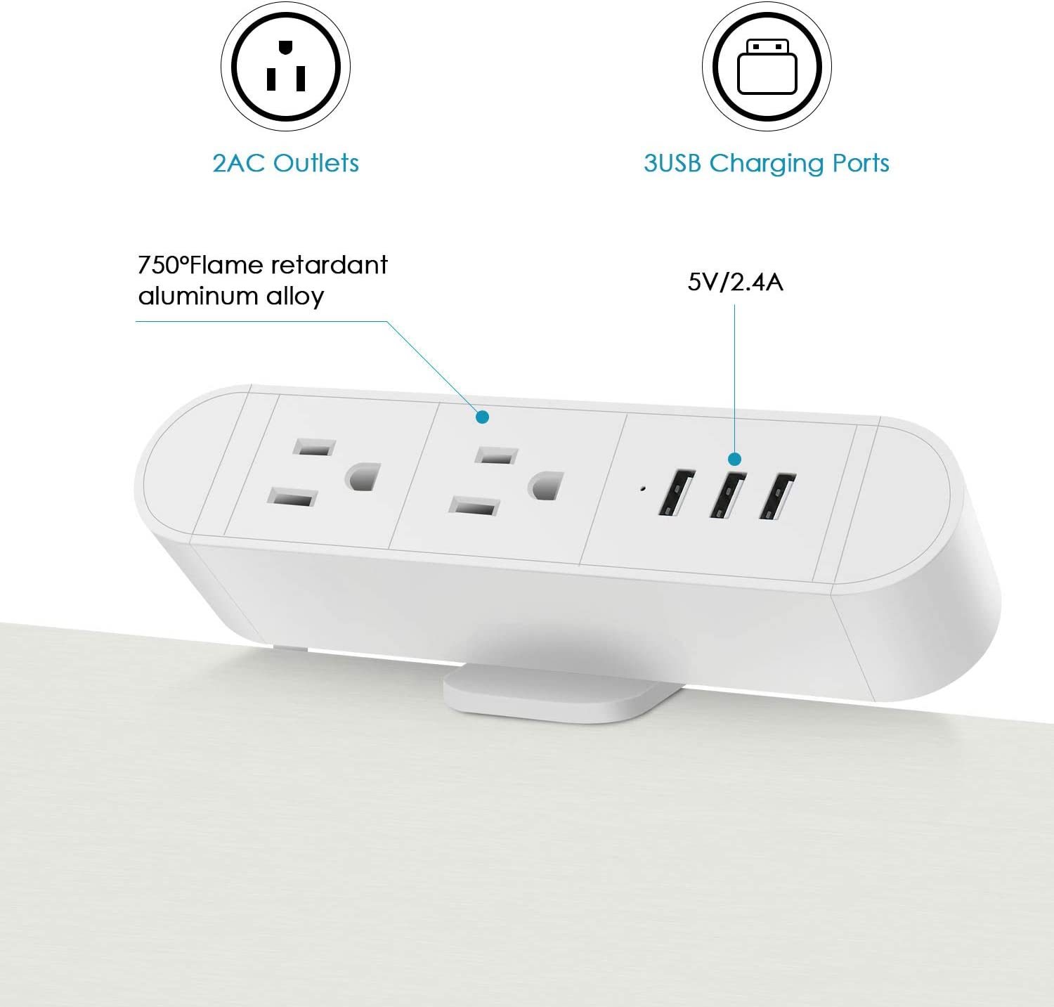 Desk Clamp Power Strip with 2 Outlets 3 USB charging 5V 2.4A,The Clamp Edge Mount Power Center,Aluminum Alloy Fireproof Desktop Power Socket,Desktop Charging Station