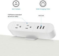 Desk Clamp Power Strip with 2 Outlets 3 USB charging 5V 2.4A,The Clamp Edge Mount Power Center,Aluminum Alloy Fireproof Desktop Power Socket,Desktop Charging Station