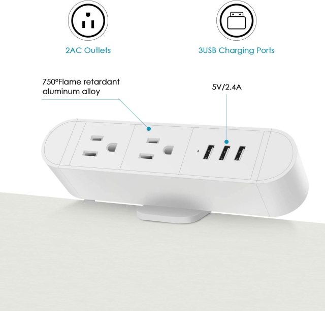 Desk Clamp Power Strip with 2 Outlets 3 USB charging 5V 2.4A,The Clamp Edge Mount Power Center,Aluminum Alloy Fireproof Desktop Power Socket,Desktop Charging Station