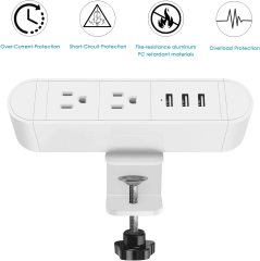 Desk Clamp Power Strip with 2 Outlets 3 USB charging 5V 2.4A,The Clamp Edge Mount Power Center,Aluminum Alloy Fireproof Desktop Power Socket,Desktop Charging Station