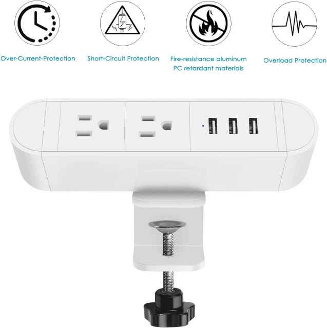 Desk Clamp Power Strip with 2 Outlets 3 USB charging 5V 2.4A,The Clamp Edge Mount Power Center,Aluminum Alloy Fireproof Desktop Power Socket,Desktop Charging Station
