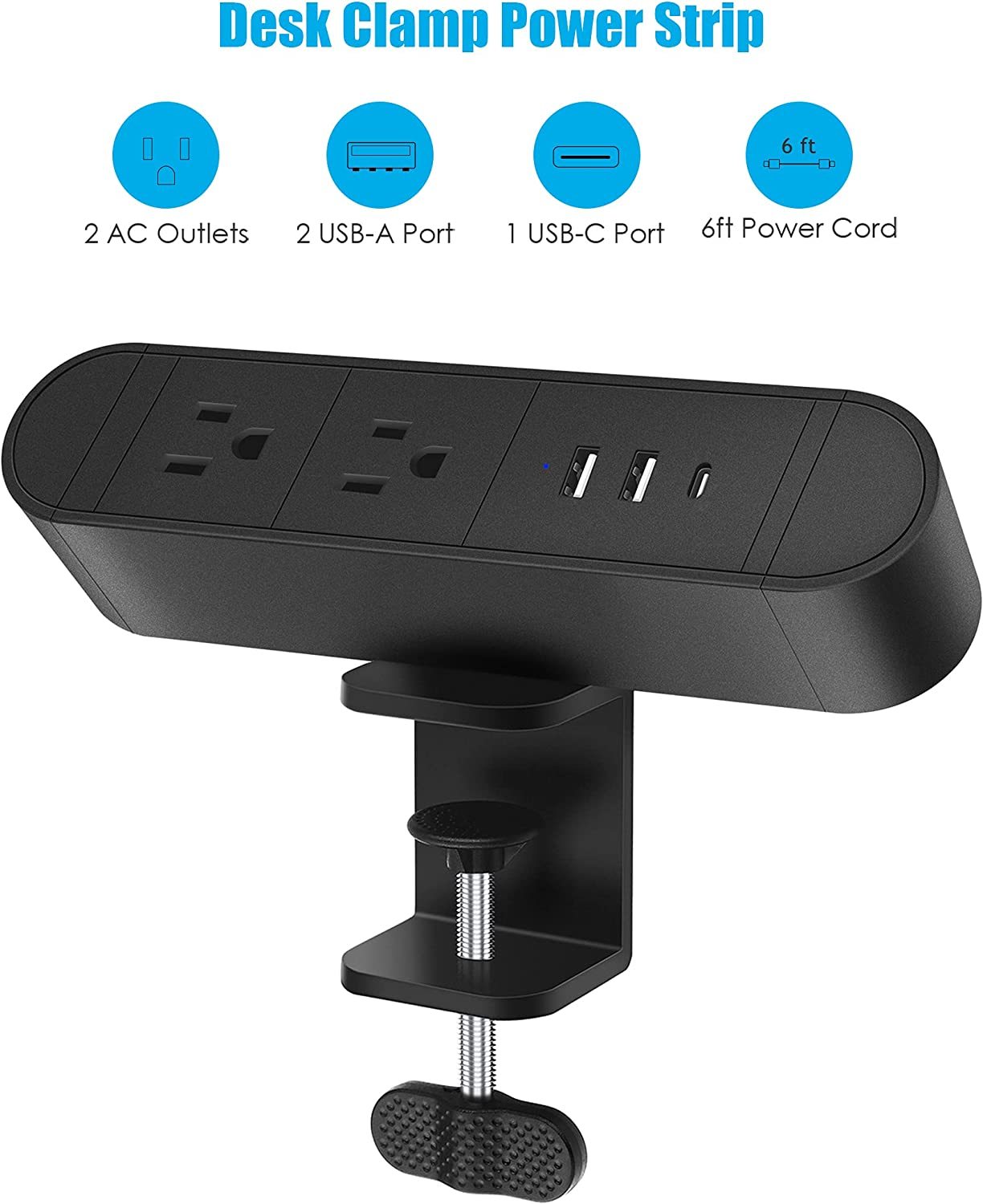 Desktop Clamp Power Strip with USB C,Aluminum Alloy Desk Clamp Power Strip with 2 Outlets,Desktop Edge Power Outlets,Surge Protector Desktop Power Strip with 6ft Cord