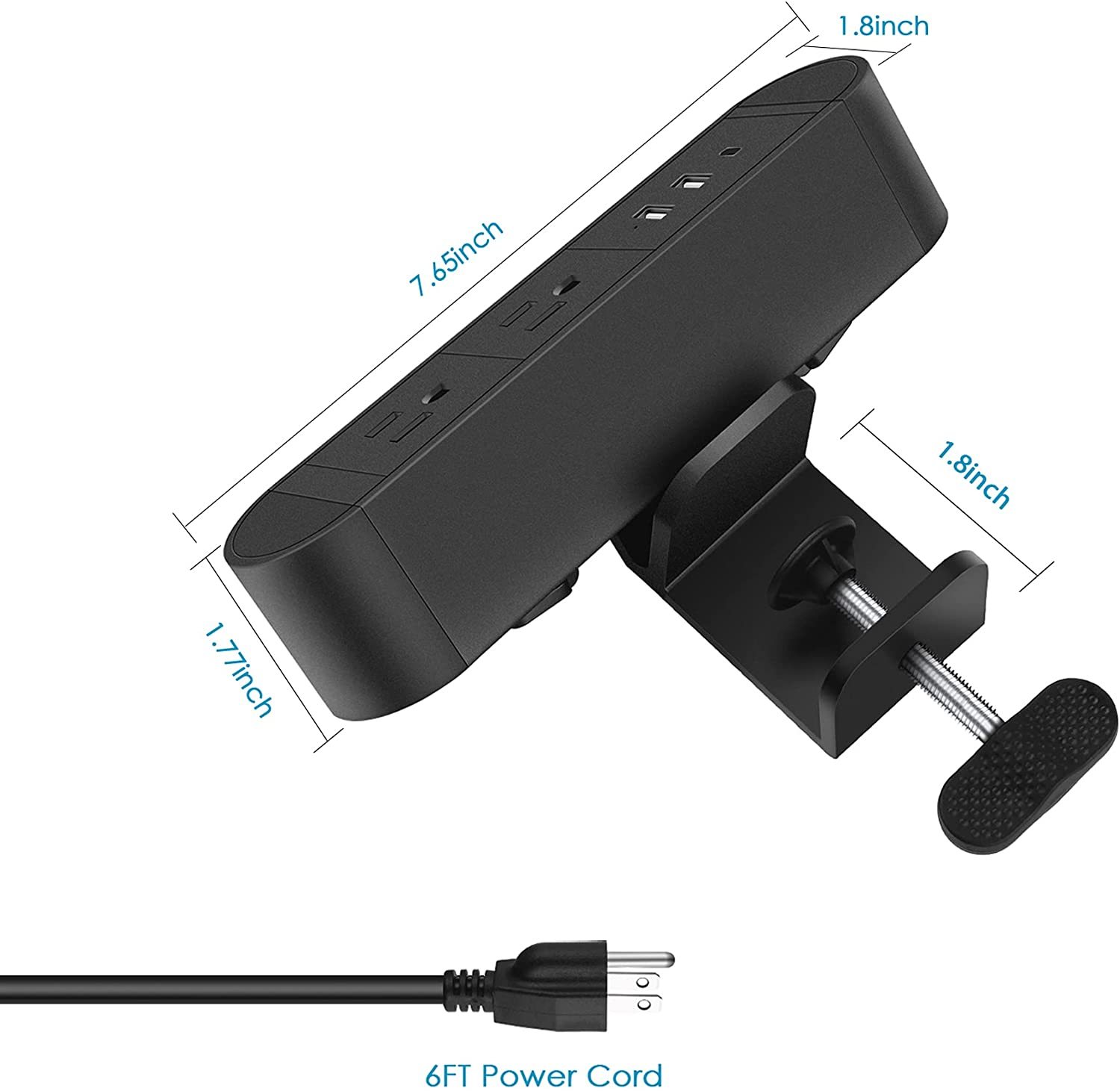 Desktop Clamp Power Strip with USB C,Aluminum Alloy Desk Clamp Power Strip with 2 Outlets,Desktop Edge Power Outlets,Surge Protector Desktop Power Strip with 6ft Cord