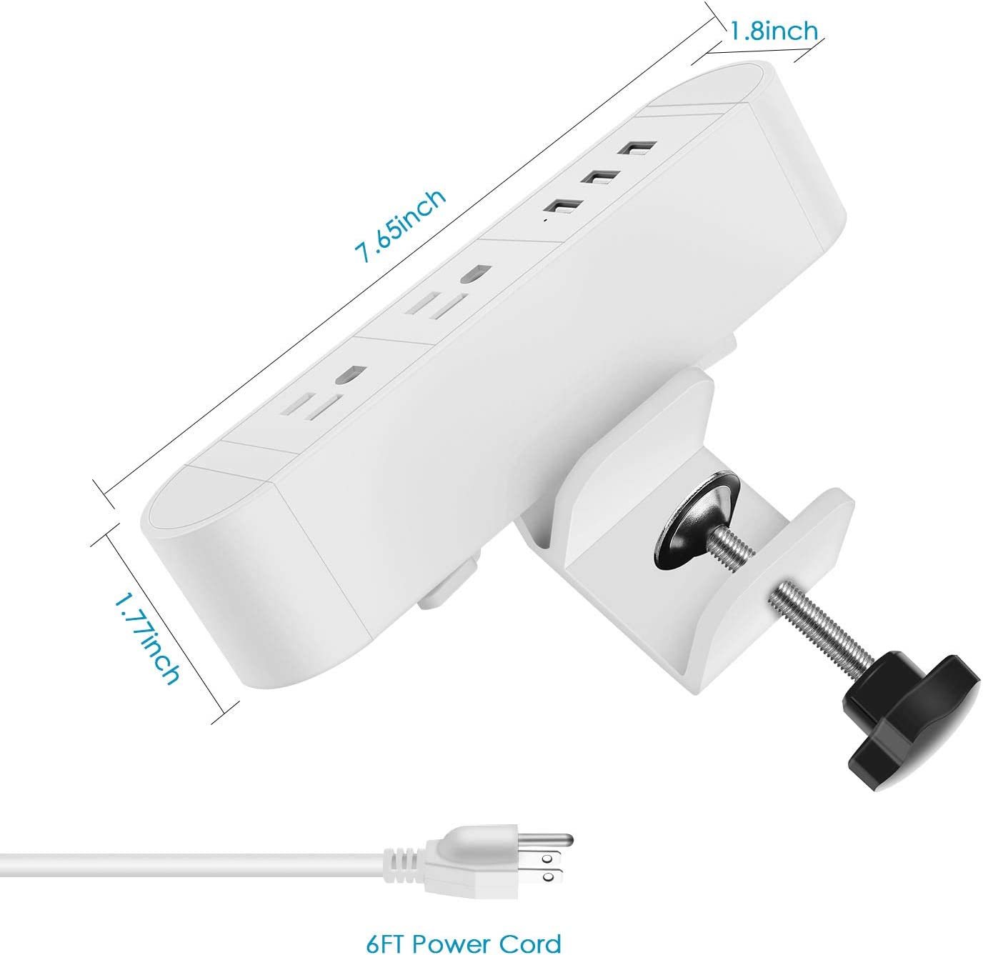 Desk Clamp Power Strip with 2 Outlets 3 USB charging 5V 2.4A,The Clamp Edge Mount Power Center,Aluminum Alloy Fireproof Desktop Power Socket,Desktop Charging Station