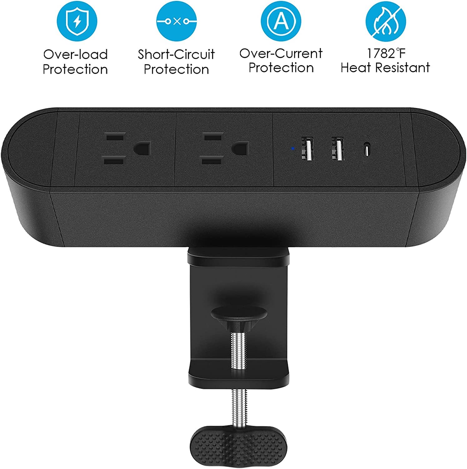 Desktop Clamp Power Strip with USB C,Aluminum Alloy Desk Clamp Power Strip with 2 Outlets,Desktop Edge Power Outlets,Surge Protector Desktop Power Strip with 6ft Cord