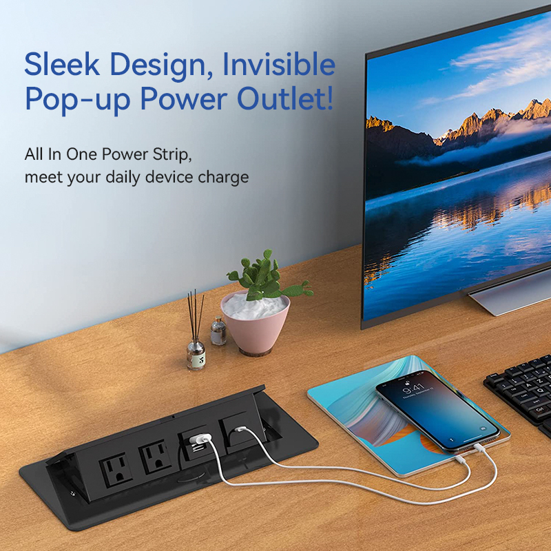 Pop-up power strip with USB C port Recessed power cord ring socket hub connection box Desktop conference room countertop pop-up