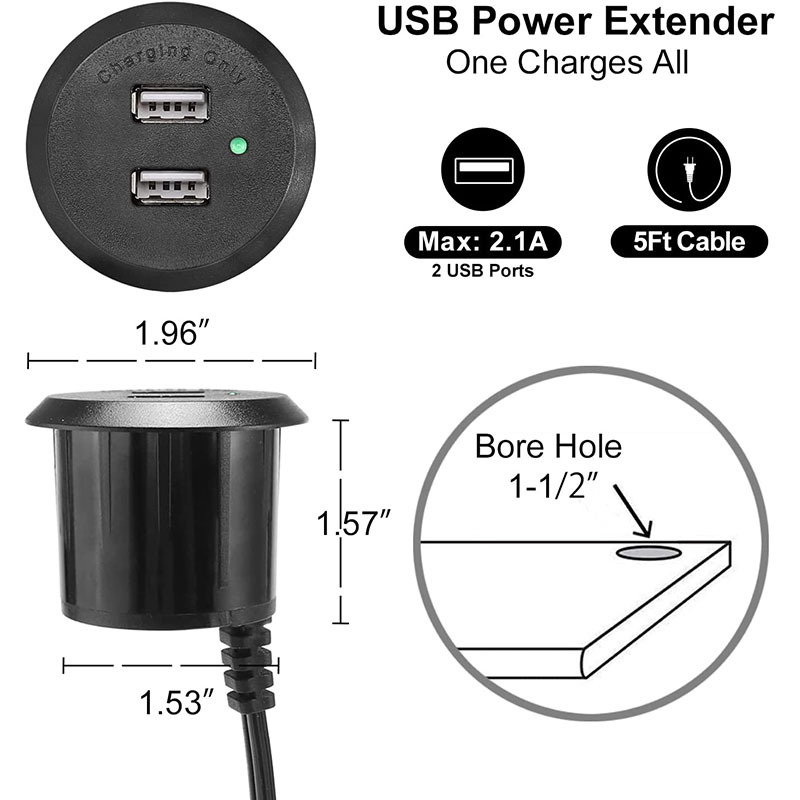 Tabletop USB Power Strip Recessed Mount Power Charging Center Desk USB Power Grommet Power Dock USB Hub Recessed USB Outlet Bulit in Desk Sofa 2 USB 2.1A