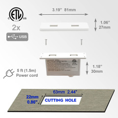 Powered USB Hub Socket Recessed USB Power Strip Outlet with Power Supply 2 USB Ports 2.1A Mounted into Bed Desk Table Sofa
