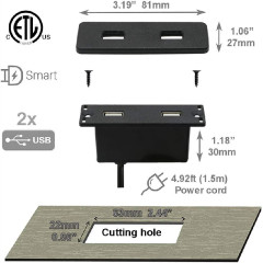 Powered USB Hub Socket Recessed USB Power Strip Outlet with Power Supply 2 USB Ports 2.1A Mounted into Bed Desk Table Sofa
