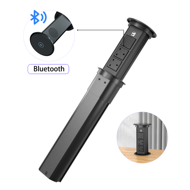 UK Kitchen POP Up Power Socket hidden countertop socket with 2 UK outlet bluetooth speaker wireless charging