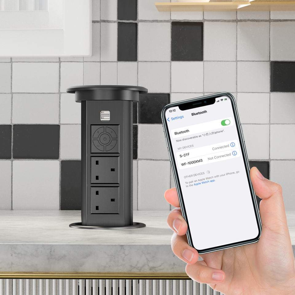 UK Kitchen POP Up Power Socket hidden countertop socket with 2 UK outlet bluetooth speaker wireless charging