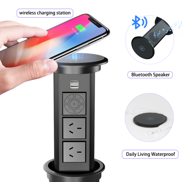 Hidden Kitchen Contertop Pop Up socket with Australian outlets bluetooth Speaker Wireless Charing QI