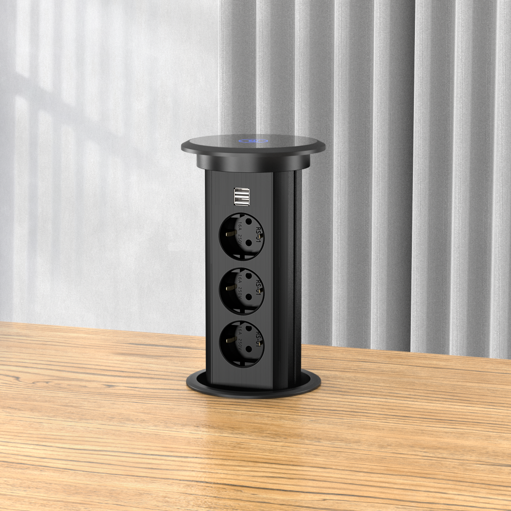 Motorised desk socket alloy wireless charger 3 Eu outlets 2 usb wireless charging
