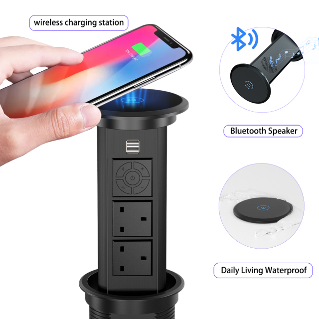 UK Kitchen POP Up Power Socket hidden countertop socket with 2 UK outlet bluetooth speaker wireless charging