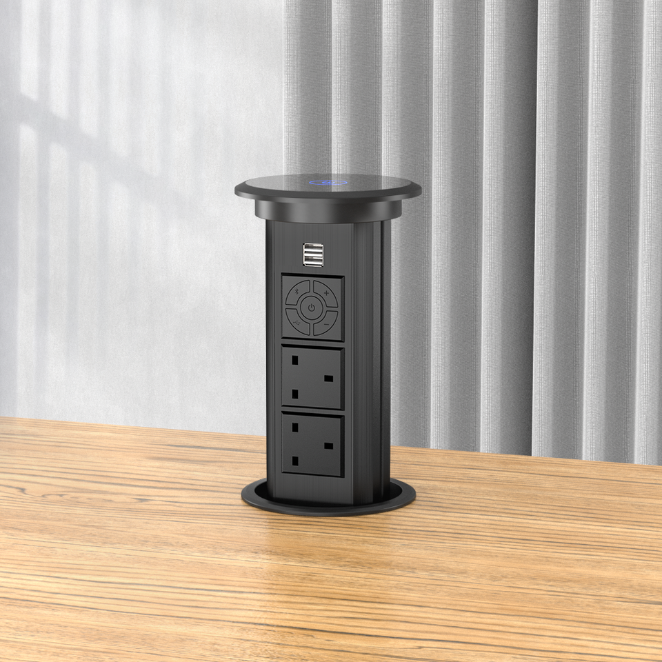 UK Kitchen POP Up Power Socket hidden countertop socket with 2 UK outlet bluetooth speaker wireless charging