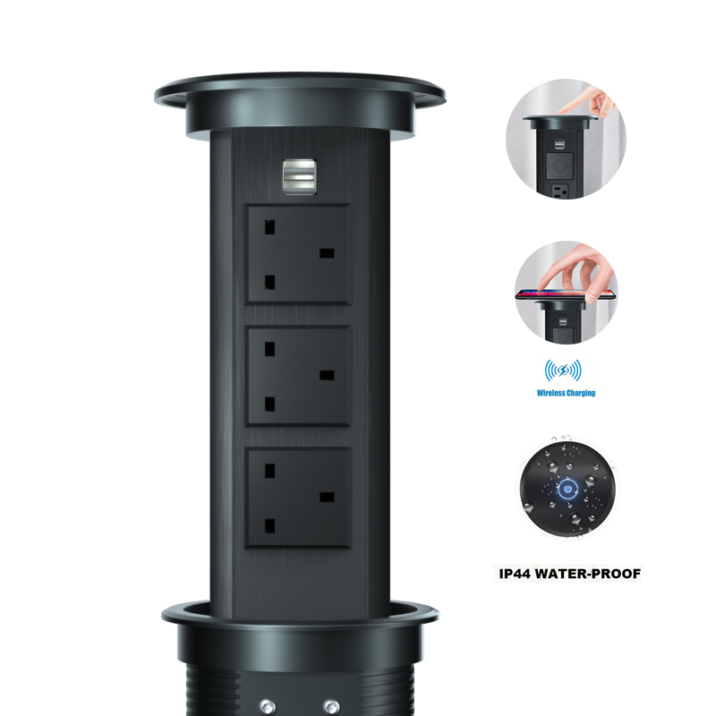 UK Smart lifting socket with led panel with wireless charging with USB Charger with loudspeaker