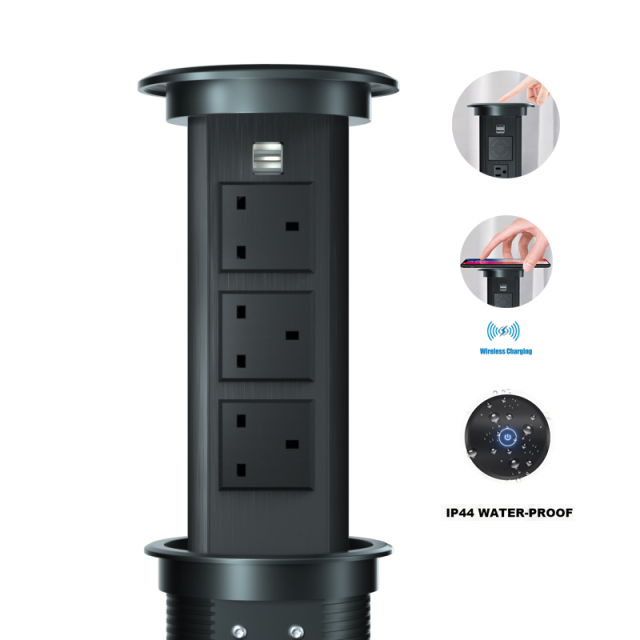 UK Smart lifting socket with led panel with wireless charging with USB Charger with loudspeaker
