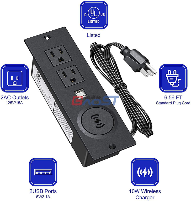 Recessed Power Strip with USB Ports, Desk Outlet 10W Wireless Charging Station with 2 Outlet & 2 USB Ports, Furniture Outlet Power Strip for Sofa Table ,Cabinet, Drawer, 6.56FT Cord, UL Listed