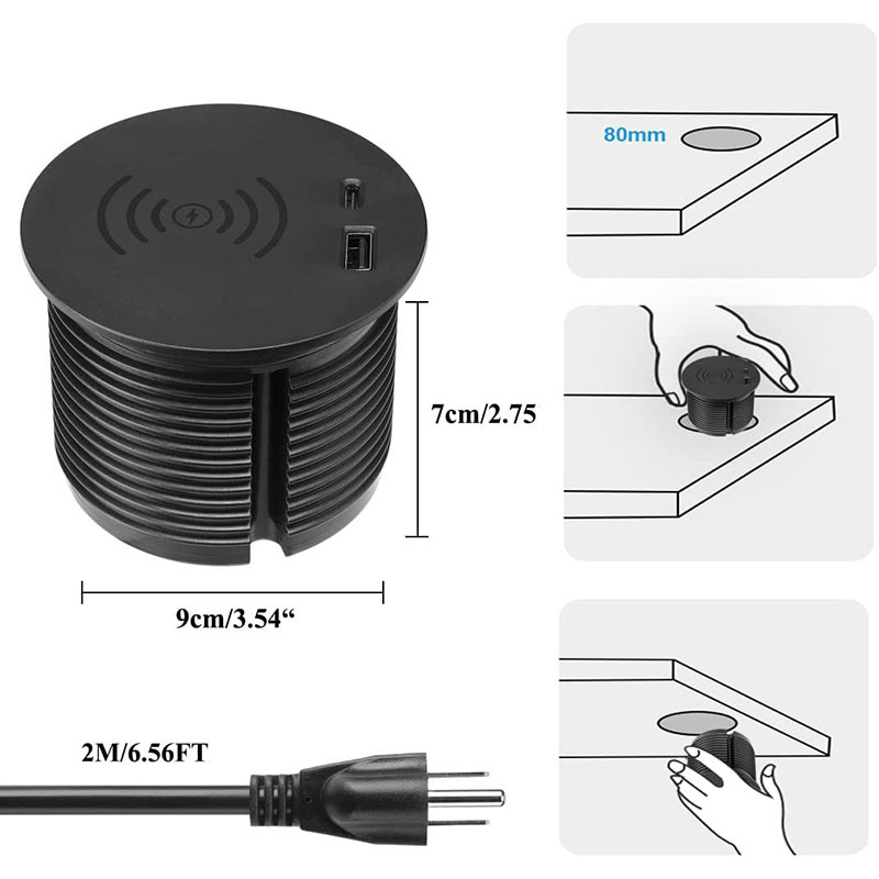 Desk Wireless Charger, Hidden Table Wireless Charging Station with USB C, 15W Desk USB Grommet Compatible with iPhone 13/13 Pro/iPhone 12 /Pro Max/SE/11/X/XS/XR/Samsung/QI Standard Phones, Black