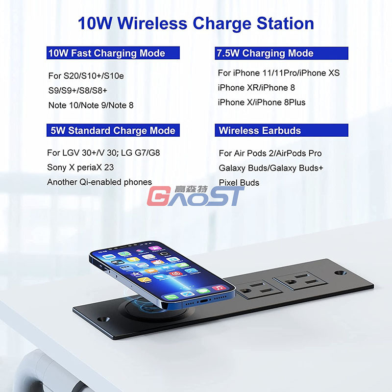 Recessed Power Strip with USB Ports, Desk Outlet 10W Wireless Charging Station with 2 Outlet & 2 USB Ports, Furniture Outlet Power Strip for Sofa Table ,Cabinet, Drawer, 6.56FT Cord, UL Listed